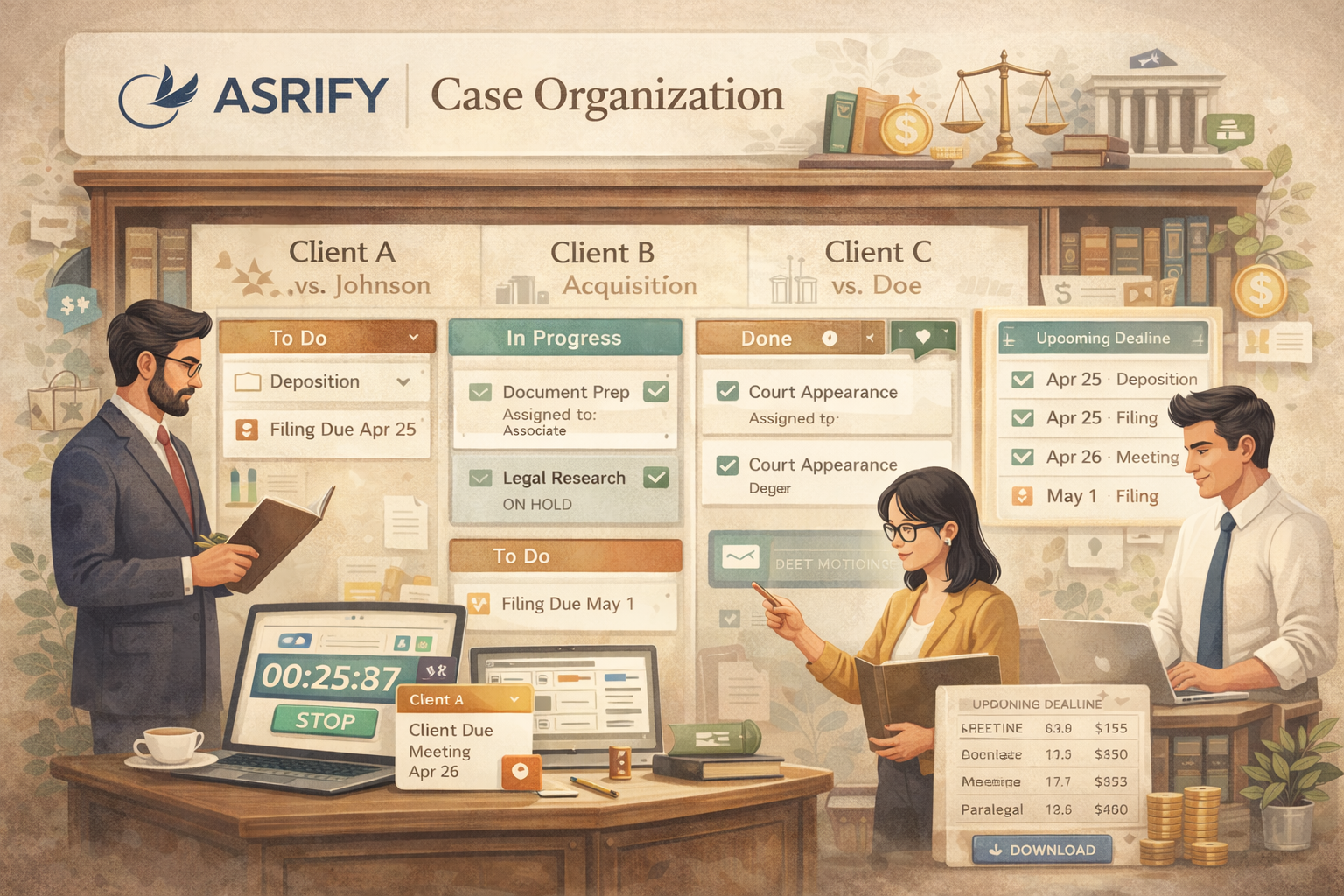 Case organization and deadline tracking for legal matters